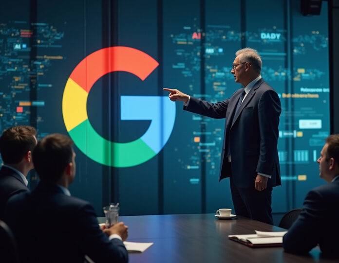 Uma cena dramática de confronto empresarial mostrando um CEO em pé com confiança apontando acusatoriamente para um gigantesco logotipo do Google, com gráficos de rede neural de IA em segundo plano, representando o conflito entre editoras de conteúdo e gigantes tecnológicos sobre dados de treinamento de IA. A cena deve ter uma atmosfera séria de sala de reuniões corporativas com tensão visível. Foco central no confronto entre o executivo humano e a entidade tecnológica.