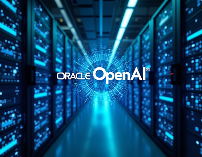 Um data center futurista com redes neurais de IA azuis brilhantes sobrepostas a racks de servidores, logotipos da Oracle e OpenAI flutuando no centro, ondas de energia irradiando da infraestrutura, representando a parceria de computação em nuvem de US$ 300 bilhões, estilo cyberpunk, composição centralizada
