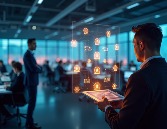 Uma cena empresarial dramática mostrando um escritório moderno vazio com 500 avatares digitais brilhantes desaparecendo gradualmente no fundo, enquanto em primeiro plano, ícones de tutores de IA especializados em STEM, finanças e medicina estão intensamente iluminados e aumentando de tamanho, representando a mudança estratégica. A cena se passa em uma instalação de pesquisa de IA de alta tecnologia com a silhueta de Elon Musk visível ao fundo, olhando para uma exibição holográfica mostrando organogramas. A composição é centralizada com forte contraste visual entre os cargos generalistas que desaparecem e as posições especializadas emergentes, usando um estilo de iluminação cinematográfica com tons azuis e laranjas para simbolizar transição e avanço tecnológico.