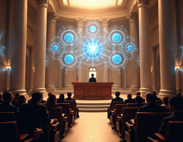 Um moderno edifício da capital do estado da Califórnia com padrões digitais de rede neural de IA sobrepostos à arquitetura, senadores debatendo no púlpito com símbolos holográficos de segurança de IA flutuando acima deles, executivos de tecnologia observando dos assentos da galeria, iluminação da hora dourada criando sombras dramáticas, composição centralizada com ponto focal claro no processo legislativo se fundindo com temas tecnológicos