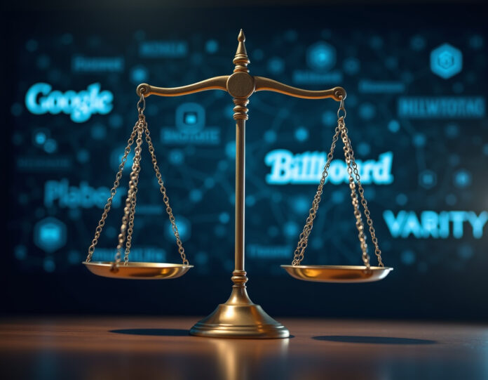 Uma cena dramática de tribunal com balanças da justiça em primeiro plano, representando batalha legal. No fundo, uma tela digital mostra o logotipo do Google de um lado e logotipos de editoras de notícias (Rolling Stone, Billboard, Variety) do outro lado, com padrões de rede neural de IA conectando-os. A imagem deve transmitir conflito entre gigante tecnológica e empresas de mídia, com uma atmosfera moderna de disputa legal tecnológica. Foco central nas balanças da justiça com elementos digitais integrados.