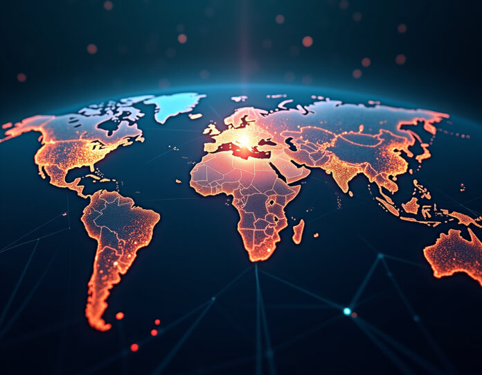 Uma imagem dramática e centralizada mostrando um império futurista de IA com redes neurais brilhantes se espalhando por um mapa global, com um núcleo central poderoso de IA emitindo luz que transforma o mundo ao seu redor, representando tanto o avanço tecnológico quanto a expansão imperial, em uma estética cyberpunk com azuis profundos e laranjas vibrantes