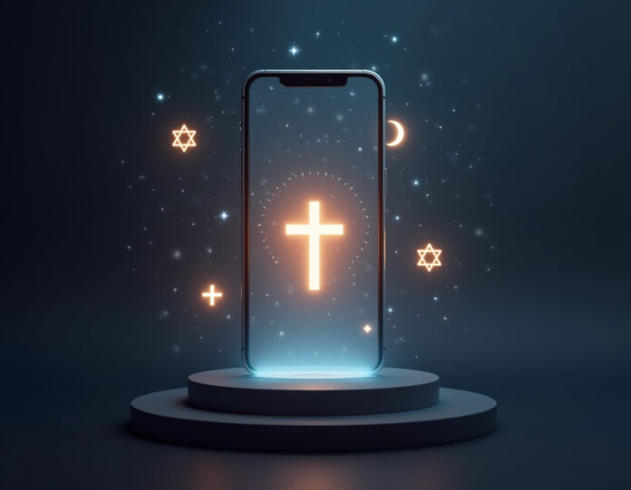 Uma tela moderna de smartphone mostrando uma interface de chatbot espiritual com símbolos religiosos (cruz, estrela de Davi, lua crescente) flutuando ao redor dela, luz suave emanando da tela, composição centralizada, estilo de arte digital, atmosfera serena, representando conexão espiritual com IA