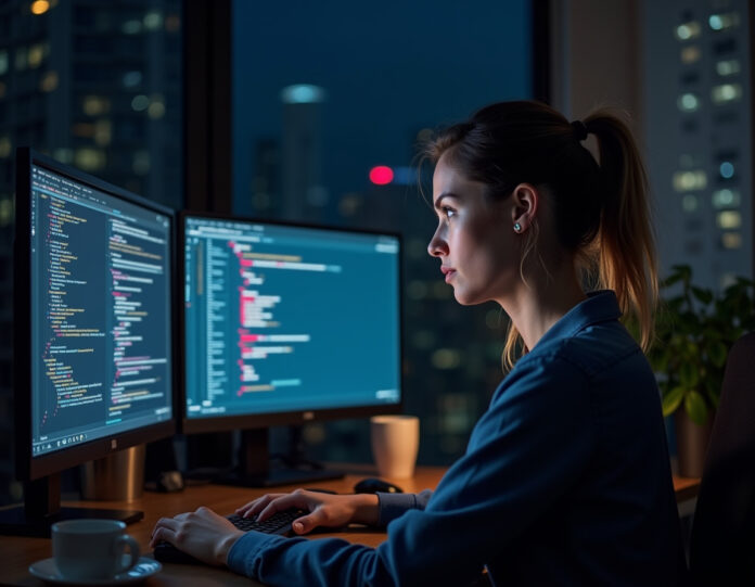 Uma desenvolvedora de software profissional sentada em sua mesa com monitores duplos, parecendo frustrada enquanto revisa código na tela. Um monitor mostra código gerado por IA com destaques vermelhos de erro, o outro mostra uma interface de chat com um assistente de IA. Xícara de café sobre a mesa, atmosfera de madrugada visível através da janela. Foco central na expressão preocupada da desenvolvedora e na exibição do código problemático.