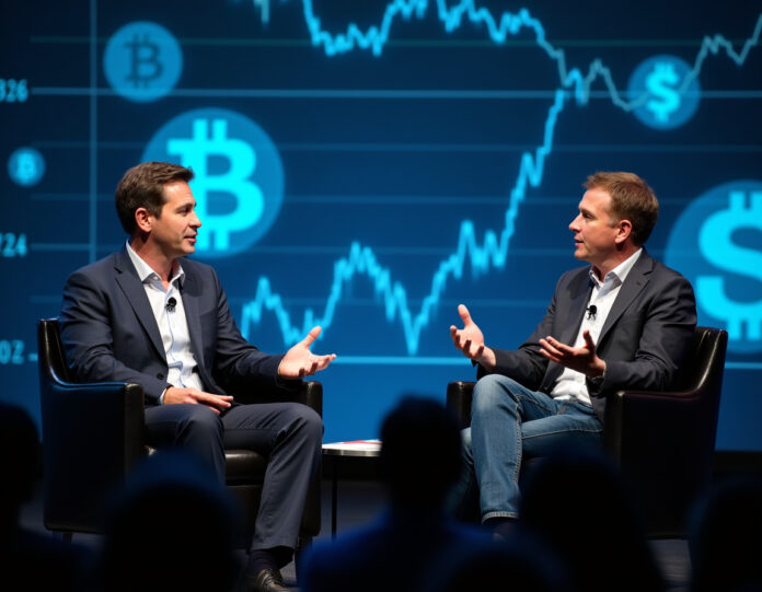 Bret Taylor e Sam Altman tendo uma discussão séria sobre a bolha de IA em uma conferência de tecnologia moderna, com visualizações holográficas de IA ao fundo mostrando gráficos de ações subindo e caindo, símbolos de dinheiro digital flutuando ao redor deles, composição centralizada, ambiente profissional de negócios, atmosfera tecnológica futurista