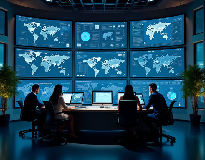 Um centro de comando moderno alimentado por IA com múltiplos monitores exibindo análises de proteção de marca global, algoritmos de visão computacional detectando produtos falsificados, e mapas digitais mostrando o rastreamento de violações em tempo real em diferentes continentes, com uma equipe diversificada de profissionais de tecnologia monitorando os dados em um ambiente de escritório elegante e futurista.