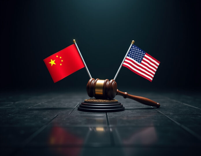 Uma imagem dramática mostrando um microchip com as bandeiras da China e dos Estados Unidos em cada lado, linhas de tensão entre elas, um martelo de tribunal repousando sobre o chip, iluminação atmosférica escura, composição centralizada, estilo fotorealista profissional.