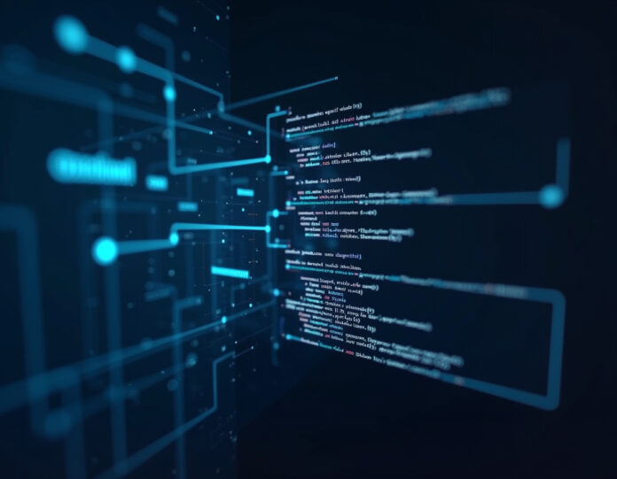Uma interface futurista de assistente de codificação com IA mostrando geração dinâmica de código com fragmentos de código flutuantes, visualização de rede neural e símbolos de linguagens de programação, centralizada em um fundo escuro com detalhes em azul brilhante, estilo de arte digital profissional.