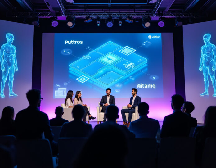 Um palco moderno de conferência tecnológica com displays holográficos mostrando agentes de IA e logotipos de startups, grupo diversificado de jovens empreendedores apresentando para investidores, iluminação futurista azul e roxa, foco central em uma tela de apresentação dinâmica mostrando diagramas de infraestrutura de IA, atmosfera profissional de negócios com engajamento do público