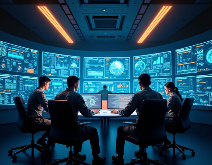 Um centro de comando militar moderno com displays holográficos mostrando análises de IA e dados logísticos, soldados e analistas trabalhando juntos com interfaces tecnológicas futuristas, composição centralizada com iluminação azul e laranja, estilo de arte digital profissional.