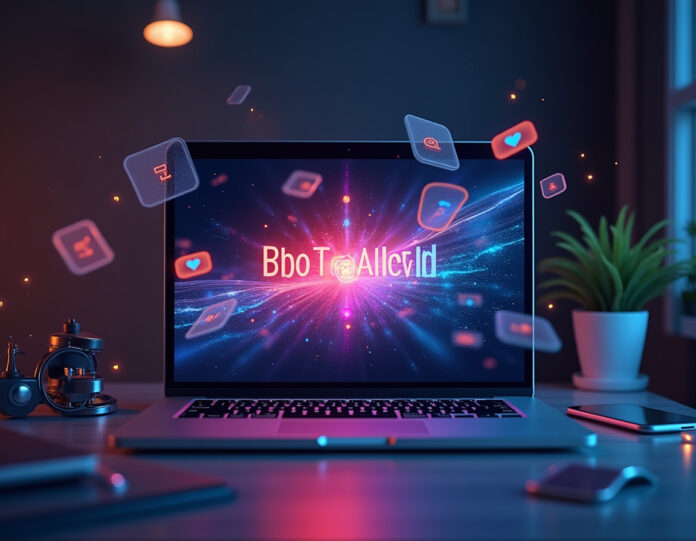 Um espaço de trabalho moderno de criador digital mostrando um laptop com interface do YouTube Shorts, elementos de vídeo gerados por IA flutuando ao redor, com representações visuais de conversão de texto para vídeo, tecnologia de transferência de movimento e visualização de ondas sonoras, composição centralizada com cores vibrantes representando a criatividade da IA