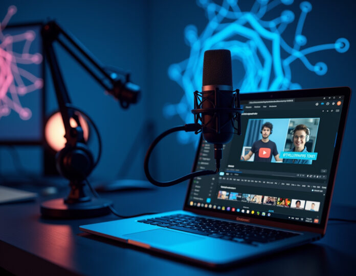 Um estúdio digital moderno com um microfone de podcast, fones de ouvido e um laptop exibindo a interface do YouTube com clipes de vídeo gerados por IA e ferramentas de edição de podcast. A cena deve ter uma vibe tecnológica futurista com padrões de rede neural de IA em azul no fundo, centrada no espaço de trabalho criativo com iluminação profissional e composição limpa.