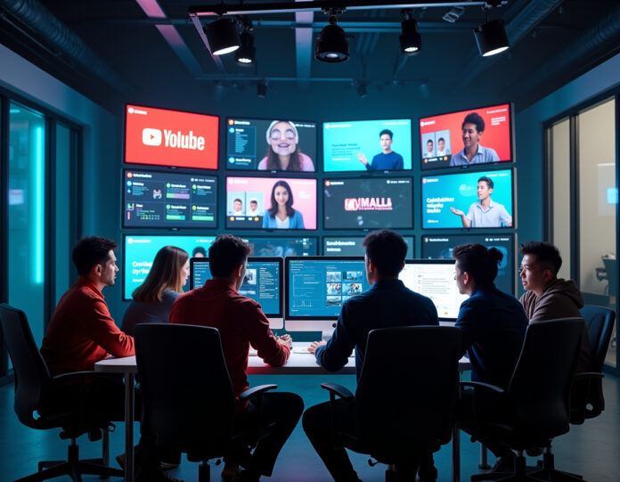 Um espaço de trabalho moderno para criadores digitais mostrando múltiplas telas com interface do YouTube Studio, painéis de análise de IA, visualização de tecnologia de reconhecimento facial e ferramentas de colaboração, com um grupo diversificado de criadores de conteúdo trabalhando juntos em um ambiente de estúdio inovador e iluminado, composição centralizada, iluminação profissional e estética tecnológica