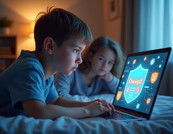 Um adolescente preocupado olhando para a tela de um laptop mostrando uma interface do ChatGPT, com escudos digitais protetores e símbolos de segurança aparecendo ao redor da tela, fundo com foco suave mostrando pais observando à distância, estilo de arte digital moderna com iluminação protetora e calorosa.