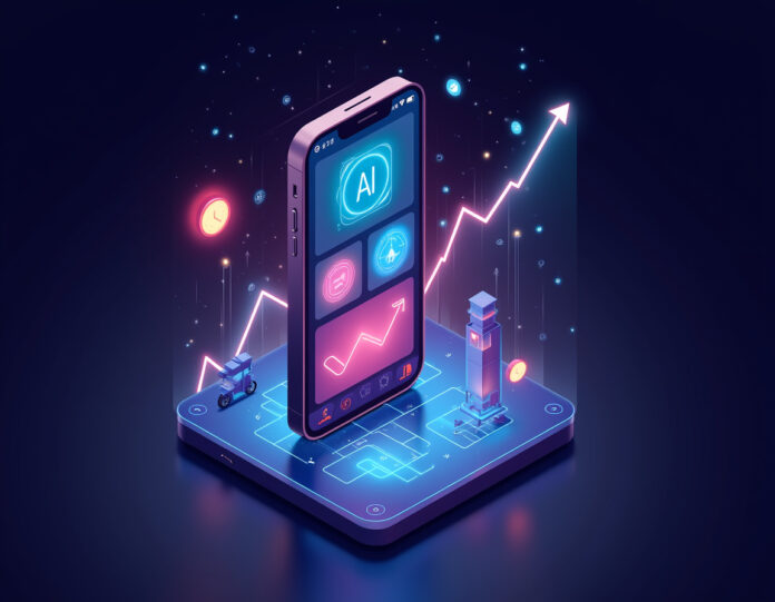 Uma tela moderna de smartphone mostrando a interface do aplicativo Gemini com ferramentas avançadas de edição de imagem, cercada por elementos digitais brilhantes e gráficos em tendência ascendente, composição centralizada com cores vibrantes representando tecnologia de IA e sucesso, estilo de arte digital profissional