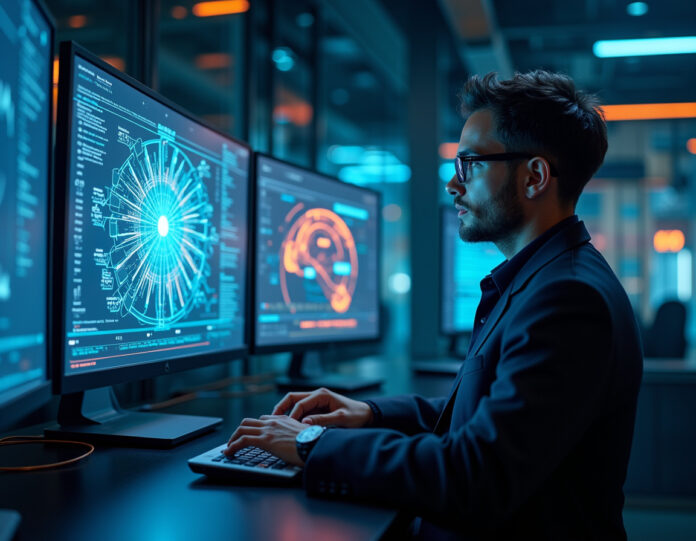 Um ambiente de simulação digital futurista mostrando agentes de IA interagindo com várias aplicações de software e interfaces de computador, com diagramas de redes neurais e aprendizado por reforço flutuando no fundo, composição centralizada com efeitos de luz azul e laranja brilhantes, estética cyberpunk, alto detalhamento, iluminação cinematográfica