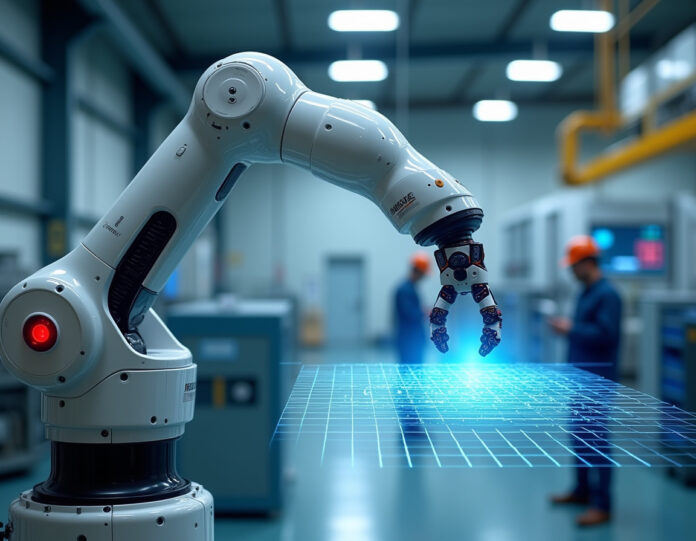 Um braço robótico moderno com sensores acústicos avançados integrados, operando com segurança em um ambiente industrial limpo e iluminado com trabalhadores humanos nas proximidades, mostrando ondas de ultrassom emanando dos sensores e criando uma visualização de grade 3D do espaço circundante, estética tecnológica futurista, composição centralizada