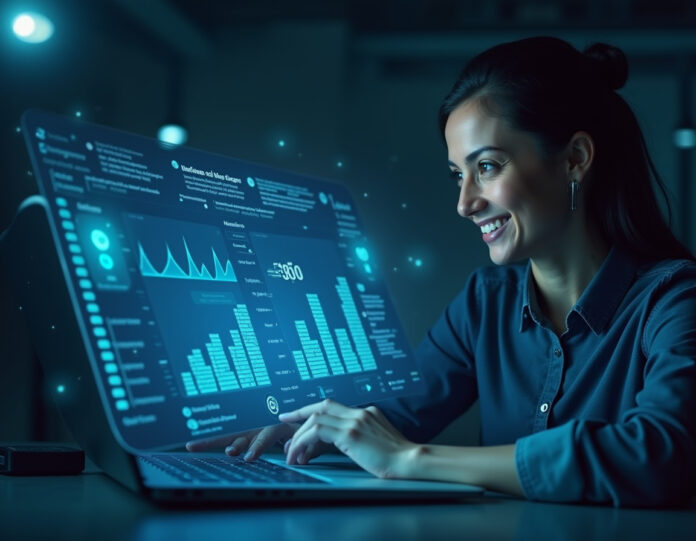 Uma interface moderna de assistente de IA com elementos holográficos flutuando acima de um laptop, mostrando painéis de análise em tempo real e gerenciamento de inventário, com um pequeno empresário parecendo satisfeito no fundo, brilho azul digital de luz, ambiente futurista de comércio eletrônico, composição centralizada