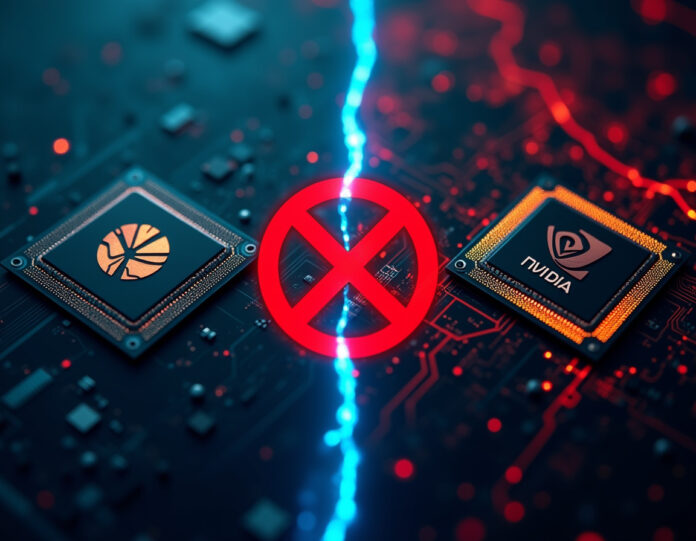 Uma imagem dividida dramática mostrando símbolos da tecnologia chinesa de um lado e chips de IA da Nvidia do outro, com um sinal de proibição vermelho entre eles, representando a divisão tecnológica e as restrições comerciais. A composição deve ser centralizada, profissional e transmitir a tensão entre a cooperação tecnológica e as barreiras geopolíticas, com uma estética tecnológica moderna e elementos simbólicos representando tanto a tecnologia chinesa quanto a liderança americana em semicondutores.