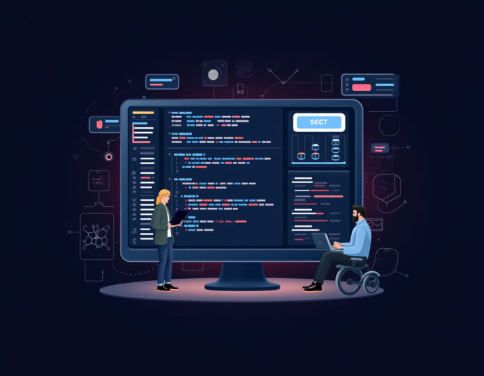 Um painel moderno de análise de código alimentado por IA mostrando atualizações de código em tempo real, alertas de detecção de bugs e métricas de produtividade em uma interface escura elegante com visualizações de rede neural brilhantes no fundo, desenvolvedores colaborando em primeiro plano, composição centralizada com estética tecnológica futurista