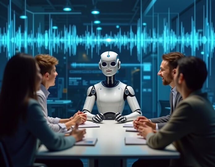 Um assistente de voz de IA moderno conduzindo uma entrevista com clientes, representado como uma interface digital elegante com visuais de forma de onda, conversando com um grupo diversificado de clientes felizes em um ambiente corporativo, fundo tecnológico futurista, composição centralizada, atmosfera profissional de negócios