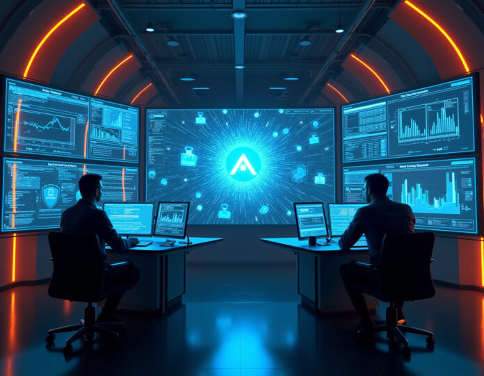 Um centro de comando de cibersegurança futurista com displays holográficos mostrando análises de segurança por IA, redes neurais sendo protegidas por escudos digitais, e profissionais de segurança monitorando visualizações complexas de dados, com o logo Irregular exibido proeminentemente no centro, estética cyberpunk com iluminação azul e laranja, arte digital altamente detalhada