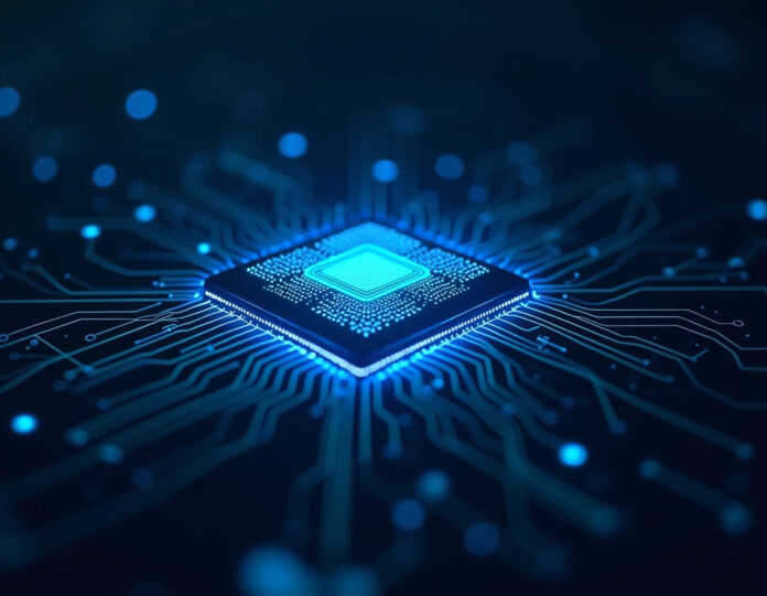 Um processador moderno de chip de IA com padrões de circuito intrincados brilhando com luz azul, centralizado em um fundo escuro com elementos de tecnologia futurista, representando inovação em hardware de inteligência artificial, estilo de fotografia profissional, foco nítido, alta resolução