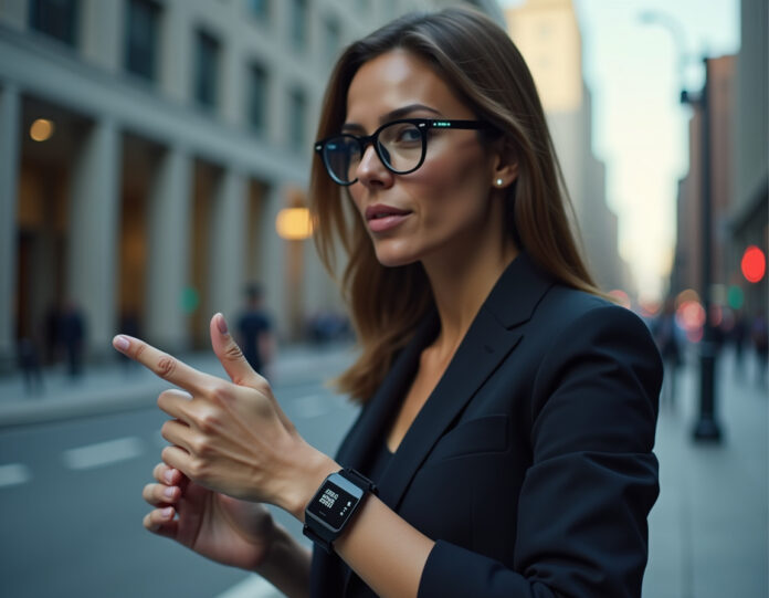 Um par de óculos inteligentes Ray-Ban estilosos com uma tela digital sutil visível na lente direita, usados por uma pessoa profissional moderna em um ambiente urbano. A pessoa está fazendo um gesto de mão sutil enquanto usa uma pulseira controladora elegante. A imagem deve mostrar a tecnologia futurística integrada ao design clássico de óculos, com uma estética limpa e minimalista e iluminação profissional. Foco central na interação entre os óculos e a pulseira, com o fundo levemente desfocado para enfatizar a tecnologia vestível.
