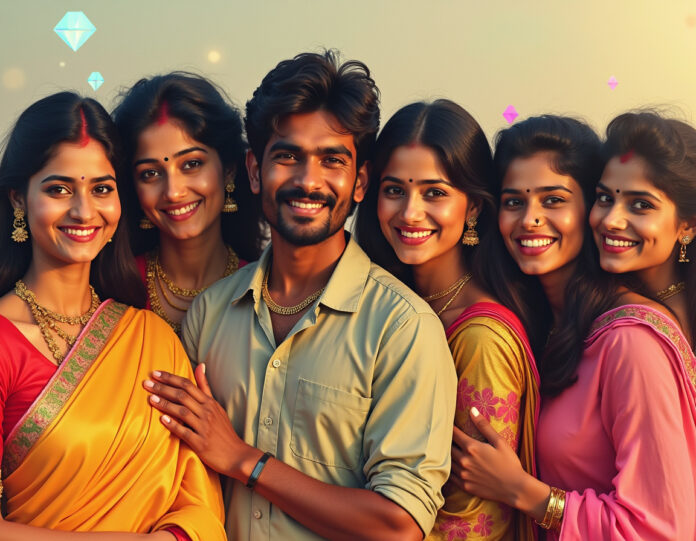 Uma colagem vibrática mostrando homens e mulheres indianos em estilo retrô de Bollywood dos anos 1990 com sáris tradicionais e moda vintage, transformada por tecnologia de IA com um efeito sutil de brilho digital, composição centralizada com diversos grupos etários sorrindo, fundo mostrando elementos sutis gerados por IA e uma marca d'água em forma de diamante no canto, estética colorida e brilhante com iluminação quente de hora dourada