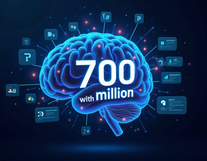 Um cérebro digital futurista com conexões de rede neural brilhando em luz azul, rodeado por elementos flutuantes de interface holográfica mostrando bolhas de chat, trechos de código e visualizações de dados, com o número 700 milhões exibido proeminentemente no centro, representando o crescimento massivo de usuários do ChatGPT, tudo em um estilo tecnológico moderno elegante com cores vibrantes e efeitos de iluminação dinâmicos