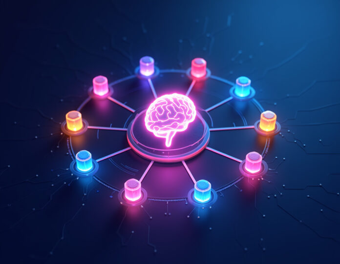 Uma ilustração digital moderna mostrando múltiplas pedras preciosas coloridas flutuando em padrão circular ao redor de um símbolo central de cérebro de IA brilhante, com linhas de conexão entre elas representando compartilhamento e colaboração, definida contra um fundo gradiente futurista em azul e roxo com padrões sutis de circuitos, estética tecnológica profissional, composição centralizada.