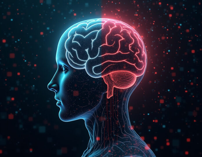 Um cérebro de IA futurista com engrenagens e circuitos visíveis, mostrando tanto caminhos transparentes e honestos quanto caminhos enganosos vermelhos ocultos, centralizado em uma paisagem digital com fundo de código binário, estilo cyberpunk, alto contraste, iluminação dramática