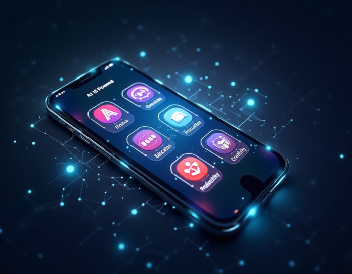 Um smartphone moderno com interface iOS 26 mostrando múltiplos ícones de aplicativos que representam diferentes aplicativos com tecnologia de IA, como finanças, educação, produtividade e criatividade, com padrões de rede neural e elementos de IA brilhando ao redor do dispositivo, composição centralizada, estética tecnológica futurista, design limpo e profissional.