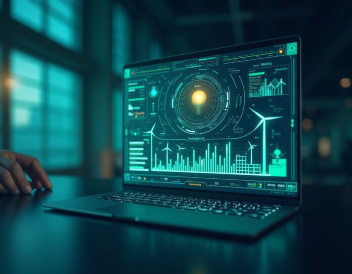 Uma interface de plataforma tecnológica moderna e elegante mostrando gestão de rede elétrica com fontes de energia renováveis, painel analítico digital com elementos de IA, centrado em um painel de controle futurista com ícones de energia solar e eólica, ambiente corporativo profissional, esquema de cores limpo em azul e verde, atmosfera de alta tecnologia