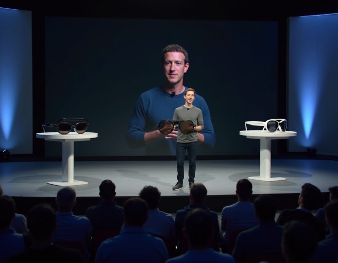 Mark Zuckerberg apresentando novos óculos inteligentes no evento Meta Connect 2025, com três modelos diferentes de óculos com inteligência artificial exibidos em um palco. A segunda geração do Ray-Ban Meta, o Meta Ray-Ban Display com pulseira controladora e o Oakley Meta Vanguard para atletas são claramente visíveis. Cenário de conferência de tecnologia moderna com plateia em segundo plano, iluminação profissional, composição centralizada, alto detalhe, estilo fotorrealista.
