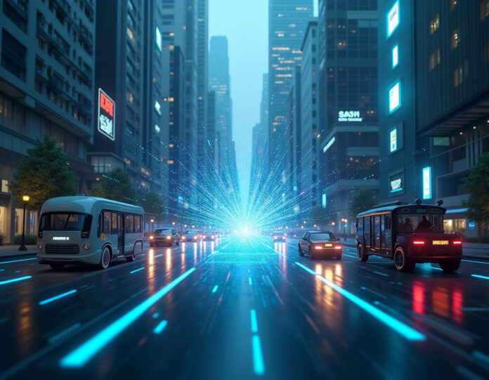 Uma paisagem urbana futurista com hologramas de realidade aumentada sobrepostos a edifícios reais, veículos autônomos navegando pelas ruas, braços robóticos trabalhando ao lado de humanos e pulseiras de interface neural brilhando com luz azul, tudo centrado em torno de um núcleo central de IA emitindo partículas digitais, iluminação cinematográfica, detalhes hiper-realistas e composição centralizada.