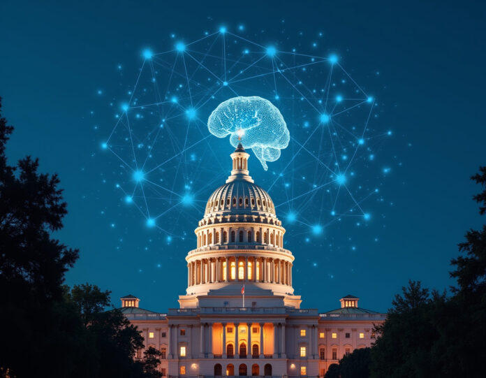 Edifício do Capitólio do estado da Califórnia com símbolos de tecnologia de IA flutuando acima dele, redes neurais digitais conectando-se a documentos legislativos, tecnologia moderna encontrando arquitetura governamental, composição centralizada com elementos equilibrados, fotografia de estilo jornalístico profissional com foco claro na interseção entre tecnologia e legislação