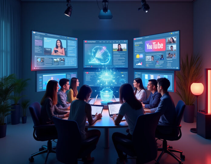 Um estúdio moderno de criação de conteúdo digital com múltiplas telas mostrando a interface do YouTube Studio, visualização de ferramentas de IA e análises de transmissão ao vivo. Um grupo diversificado de criadores de conteúdo colaborando em torno de uma mesa central com laptops e equipamentos de gravação. A cena deve ter uma atmosfera tecnológica futurista com elementos holográficos representando recursos de IA e criação de conteúdo digital. Foco central nos criadores interagindo com as novas ferramentas do YouTube, com luzes suaves brilhantes e uma configuração profissional de streaming em segundo plano.