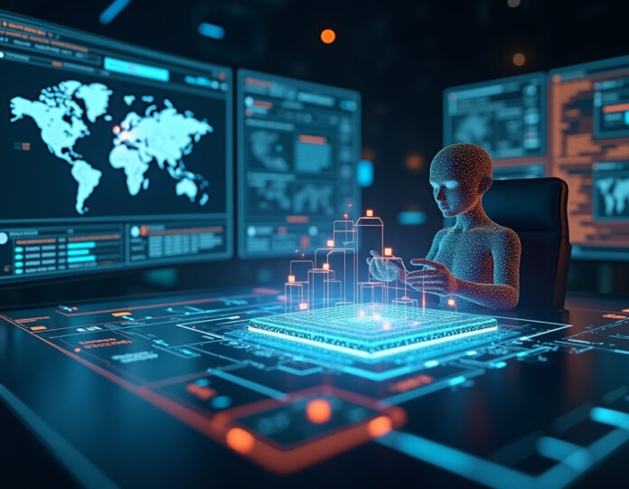 Um ambiente de treinamento digital futurista mostrando agentes de IA interagindo com interfaces de software simuladas, com diagramas de redes neurais e aprendizado por reforço flutuando no fundo, foco central em uma visualização 3D de um agente de IA completando tarefas de múltiplas etapas em um espaço de trabalho virtual, estética cyberpunk com elementos brilhantes em azul e laranja, altamente detalhado, iluminação cinematográfica