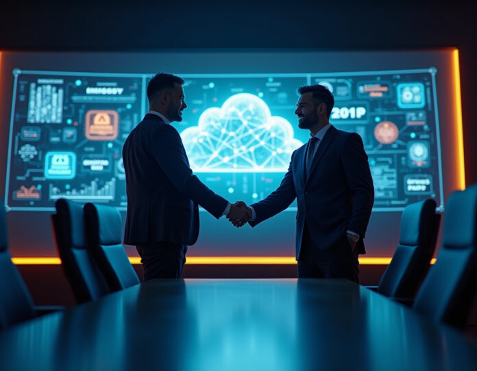 Uma cena dinâmica de sala de reuniões corporativa com dois executivos modernos apertando as mãos em frente a uma tela digital futurista exibindo redes neurais de IA e diagramas de infraestrutura em nuvem. Os executivos estão vestidos com trajes profissionais de negócios, um representando expertise em infraestrutura de nuvem e o outro representando aplicações industriais. No fundo, telas holográficas sutis mostram centros de dados e algoritmos de IA. A iluminação é profissional com tons de azul e laranja, criando uma sensação de inovação tecnológica e liderança corporativa. A composição é centralizada e equilibrada, enfatizando colaboração e estratégia tecnológica visionária.