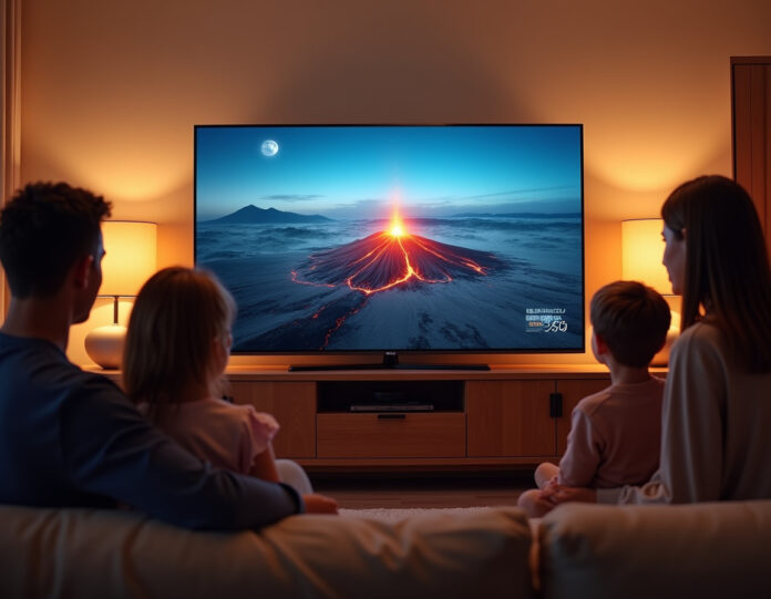 Uma sala de estar moderna com uma grande TV de tela plana mostrando a interface de IA Google Gemini, com uma família reunida assistindo enquanto a IA exibe conteúdo educacional sobre vulcões na tela. A TV está posicionada centralmente, com iluminação ambiente suave criando uma atmosfera quente e convidativa. A imagem deve transmitir a integração da tecnologia no entretenimento doméstico, com foco claro na tela da TV mostrando a interação com a IA.