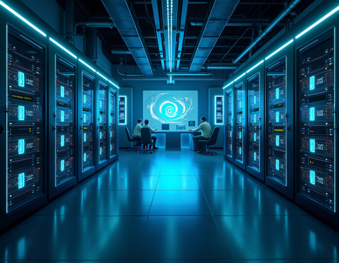 Um centro de dados futurista com enormes racks de GPUs Nvidia e infraestrutura de IA, mostrando sistemas avançados de refrigeração e luzes azuis brilhantes representando o poder de processamento de IA. A cena deve apresentar uma sala de controle central com displays holográficos mostrando os logotipos da OpenAI e Nvidia, com técnicos monitorando as operações massivas de treinamento de IA. A imagem deve transmitir escala, avanço tecnológico e a parceria entre os dois gigantes da tecnologia, com foco no imenso poder computacional necessário para os modelos de IA de próxima geração.