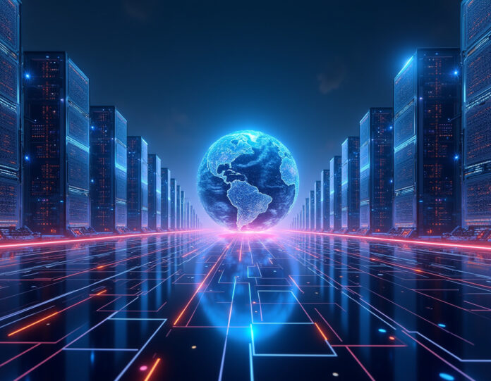Uma ilustração futurista mostrando um vasto centro de dados de alta tecnologia com servidores brilhantes em azul e roxo, torres de energia se estendendo até o horizonte, linhas de dados digitais fluindo entre os edifícios, com gráficos holográficos mostrando investimentos de trilhões de dólares flutuando no ar. No centro, um globo terrestre digital com conexões de rede cobrindo todo o planeta, simbolizando a escala global da infraestrutura de IA. Estilo cyberpunk com elementos realistas, iluminação dramática com tons de azul e roxo, foco na grandiosidade e escala monumental da infraestrutura tecnológica.