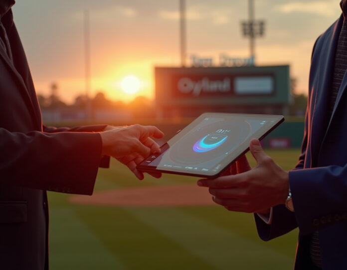 Uma cena dramática mostrando a mão de um gerente de beisebol segurando um iPad que exibe uma interface de IA em um campo de beisebol durante o pôr do sol, com a equipe Oakland Ballers ao fundo, iluminação cinematográfica, composição centralizada, estilo de fotografia esportiva profissional.