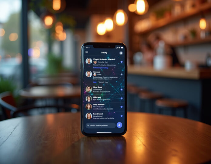 Uma interface digital de namoro moderna e sofisticada mostrando integração de chatbot de IA, com a tela de um smartphone exibindo o aplicativo Facebook Dating onde um assistente de IA sugere correspondências personalizadas. A interface mostra linhas coloridas de conexão entre perfis de usuários, com elementos sutis de IA como padrões de rede neural no fundo. A cena está centrada no smartphone com um fundo desfocado de um ambiente contemporâneo de cafeteria urbana, representando a cultura moderna de namoro. Iluminação profissional com tons quentes, alto detalhe, qualidade cinematográfica.