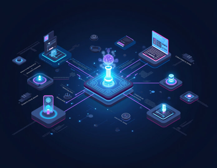 Uma interface de plataforma moderna de desenvolvimento de aplicativos com tecnologia de IA mostrando prompts de linguagem natural se transformando em aplicativos móveis e web totalmente funcionais, com visualização de geração de código e prévias de aplicativos, composição centralizada com estética tecnológica futurista, cores brilhantes representando inovação e velocidade