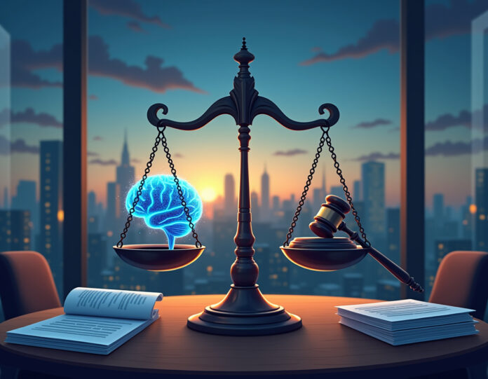 Uma ilustração dramática e profissional mostrando uma balança futurista equilibrando de um lado um cérebro de IA brilhante com padrões de circuito e do outro lado um martelo de juiz e documentos legais, com sinais de dólar e placas de campanha política no fundo. A cena se passa em uma sala de reuniões corporativa moderna com uma grande janela mostrando um horizonte urbano ao anoitecer. A composição é centralizada e equilibrada, com iluminação forte enfatizando a tensão entre tecnologia e regulamentação.