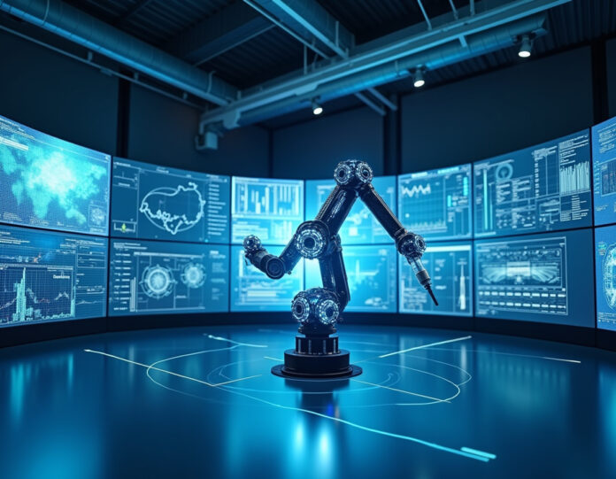 Um laboratório de robótica moderno em Sydney, Austrália, mostrando um braço robótico sofisticado cercado por telas de visualização de dados que exibem fluxos de dados de sensores e câmeras. O robô está posicionado centralmente com fluxos de dados luminosos fluindo de seus sensores para monitores grandes que mostram gráficos e análises. A cena possui uma estética limpa e futurista com iluminação azul e branca, enfatizando a conexão entre robótica e gerenciamento de dados. A imagem deve transmitir inovação, tecnologia e a escala massiva do processamento de dados na robótica.