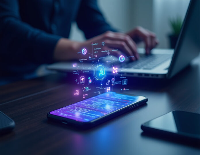 Uma tela de smartphone moderna mostrando uma interface de codificação com IA, com elementos de código flutuantes e símbolos de programação, composição centralizada com mãos de desenvolvedor digitando em um teclado ao fundo, ambiente de trabalho tecnológico com design minimalista limpo, esquema de cores vibrante em azul e roxo representando tecnologia de IA, elementos de codificação futuristas flutuando ao redor do telefone
