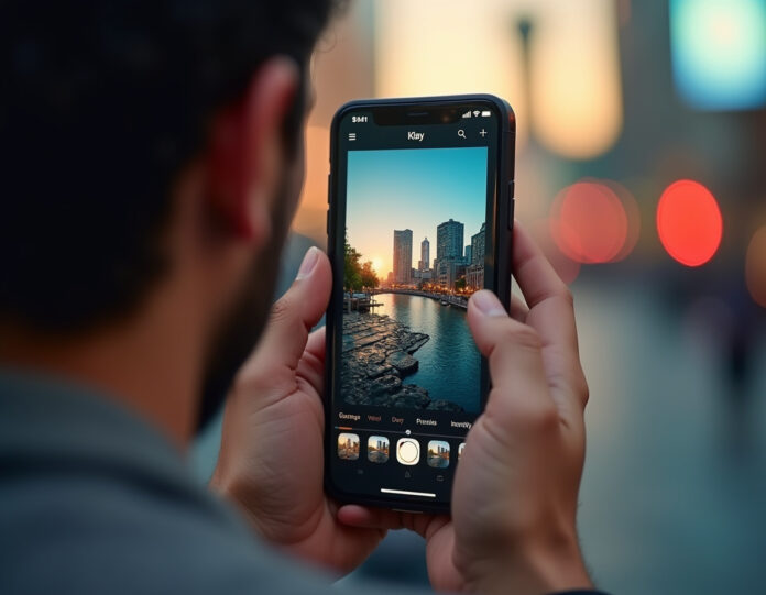 Um smartphone moderno mostrando a interface do aplicativo Google Fotos com ferramentas de edição de IA visíveis, uma pessoa usando comando de voz para editar uma bela foto de paisagem, elementos futuristas de IA flutuando ao redor da tela, composição centralizada com iluminação profissional.